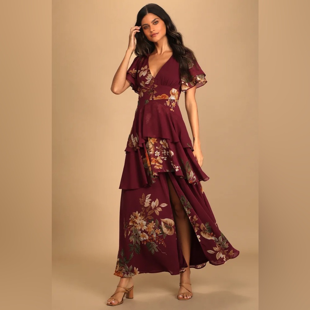Lulu’s “Midnight Mood” Dark Navy Floral Print Tiered Maxi Dress